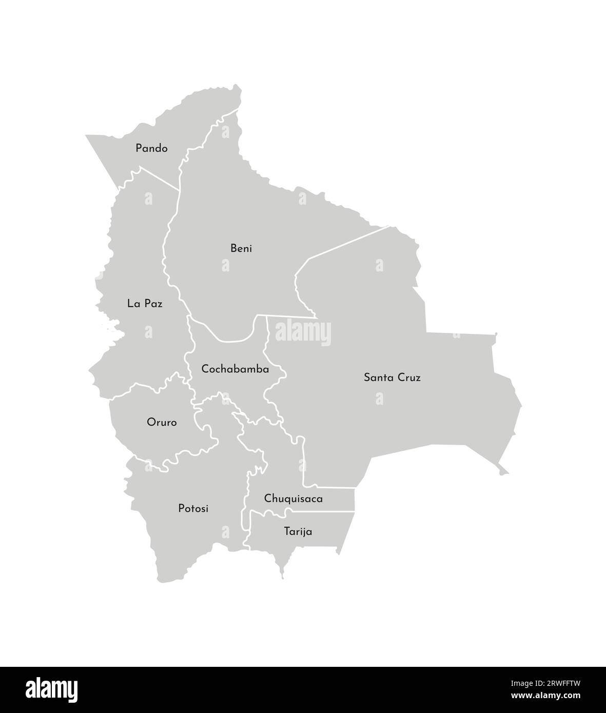 Illustration isolée vectorielle de la carte administrative simplifiée de la Bolivie. Frontières et noms des départements (régions). Silhouettes grises. Sortie blanche Illustration de Vecteur