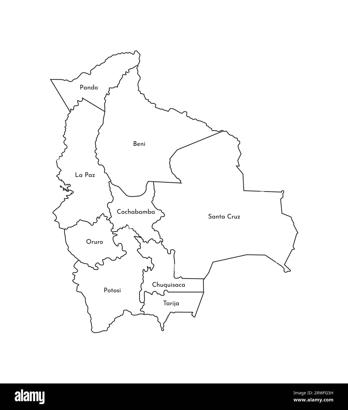 Illustration isolée vectorielle de la carte administrative simplifiée de la Bolivie. Frontières et noms des départements (régions). Silhouettes de lignes noires. Illustration de Vecteur