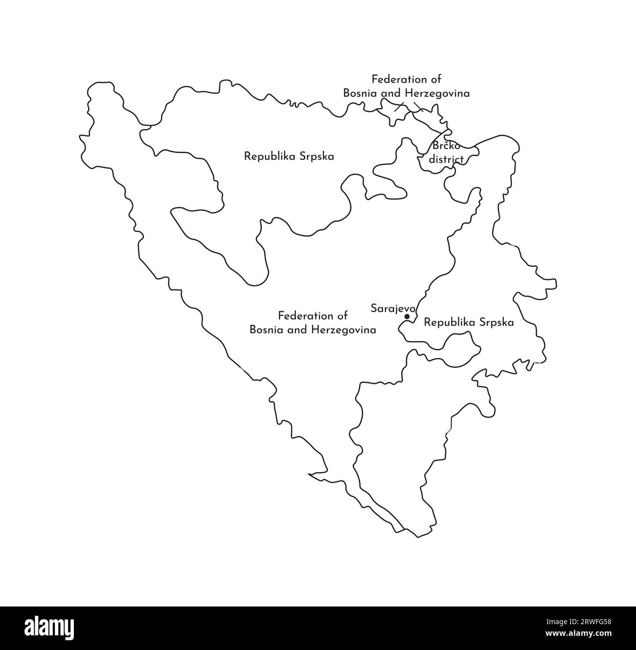 Illustration isolée vectorielle de la carte administrative simplifiée de la Bosnie-Herzégovine. Frontières et noms des régions. Silhouettes de lignes noires. Illustration de Vecteur
