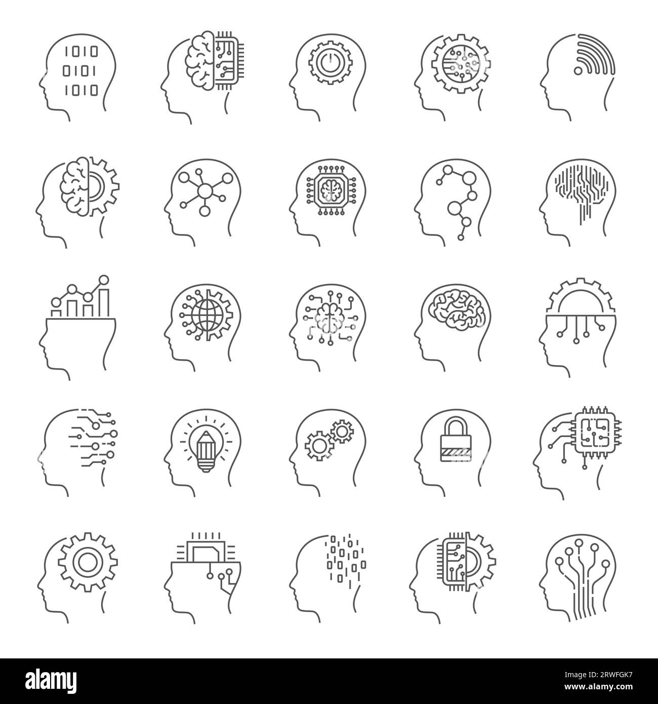 Jeu d'icônes d'intelligence artificielle, machine learning et concept de cyber-esprit sous forme de têtes humaines. Contour modifiable. SPE 10 Illustration de Vecteur