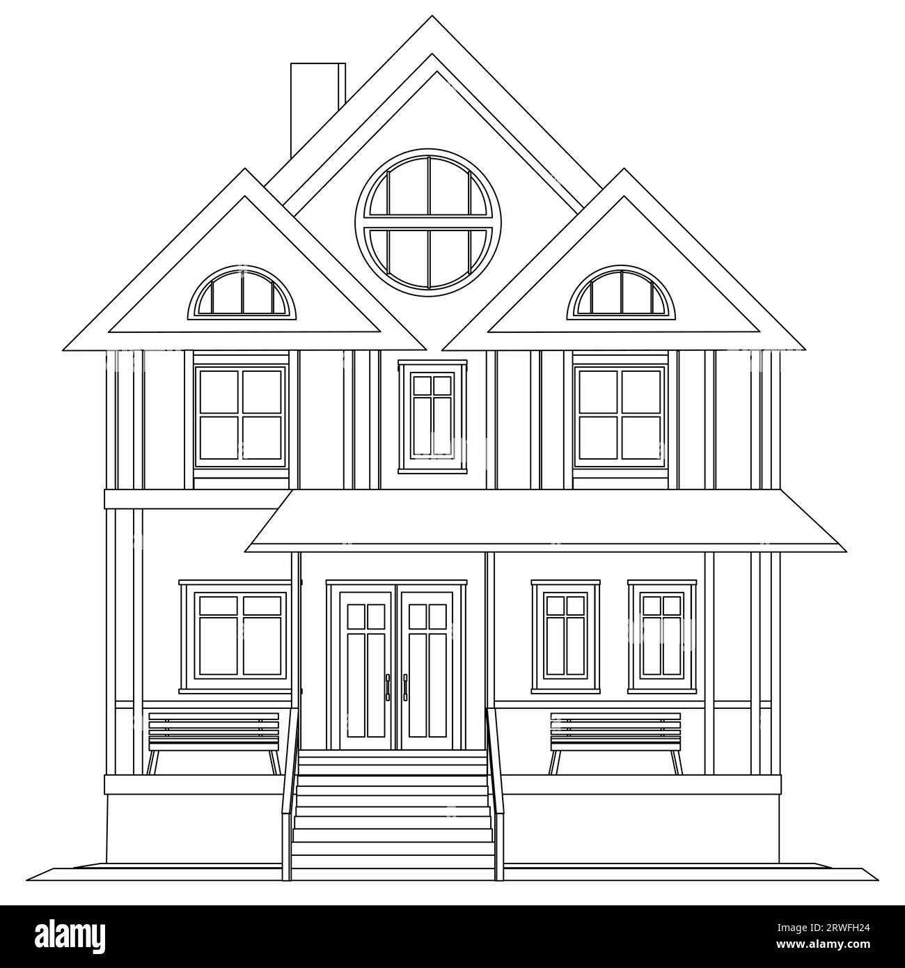 Contour maison de deux étages avec porche et bancs isolé sur fond blanc. Clipart vectoriel. Illustration de Vecteur