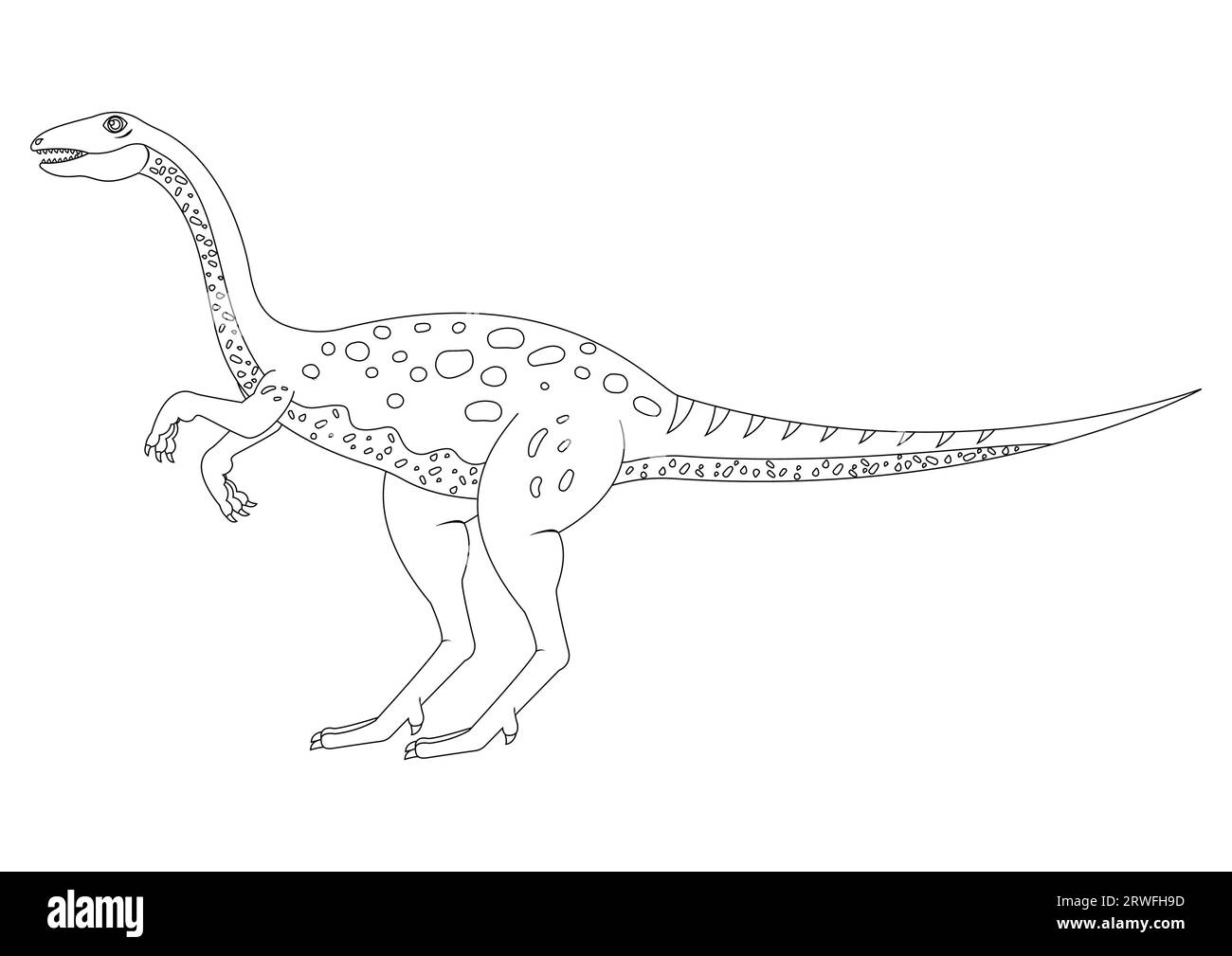 Noir et blanc Elaphrosaurus Dinosaur Cartoon Character Vector. Coloriage d'un dinosaure Elaphrosaurus Illustration de Vecteur
