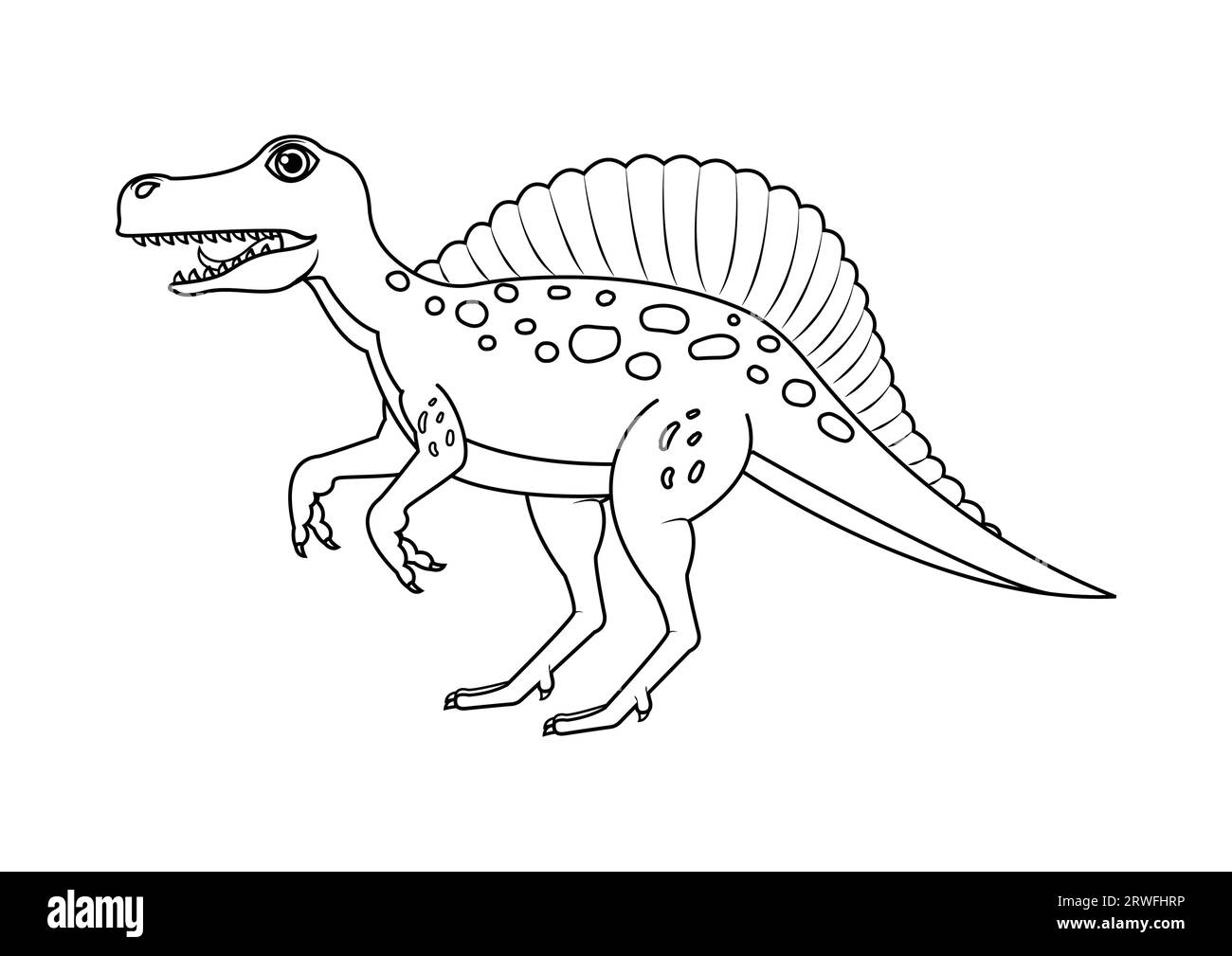 Noir et blanc Spinosaurus Dinosaur Cartoon Character Vector. Coloriage d'un dinosaure Spinosaurus Illustration de Vecteur