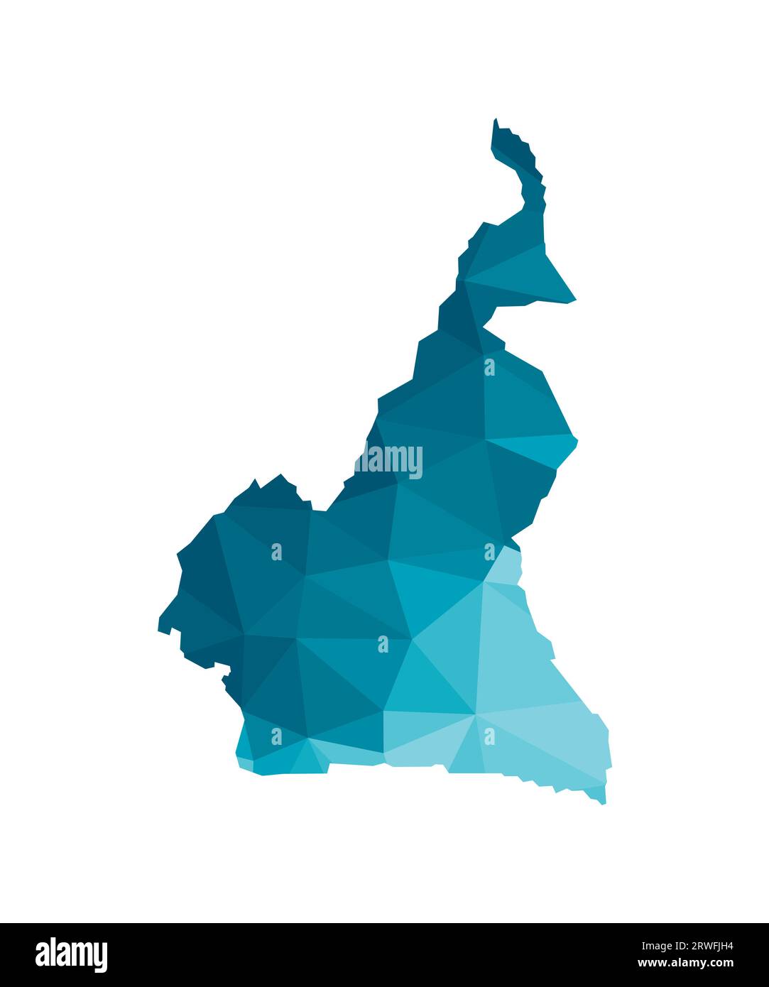 Icône d'illustration isolée vectorielle avec silhouette bleue simplifiée de la carte de la République du Cameroun. Style géométrique polygonal, formes triangulaires. Bac blanc Illustration de Vecteur