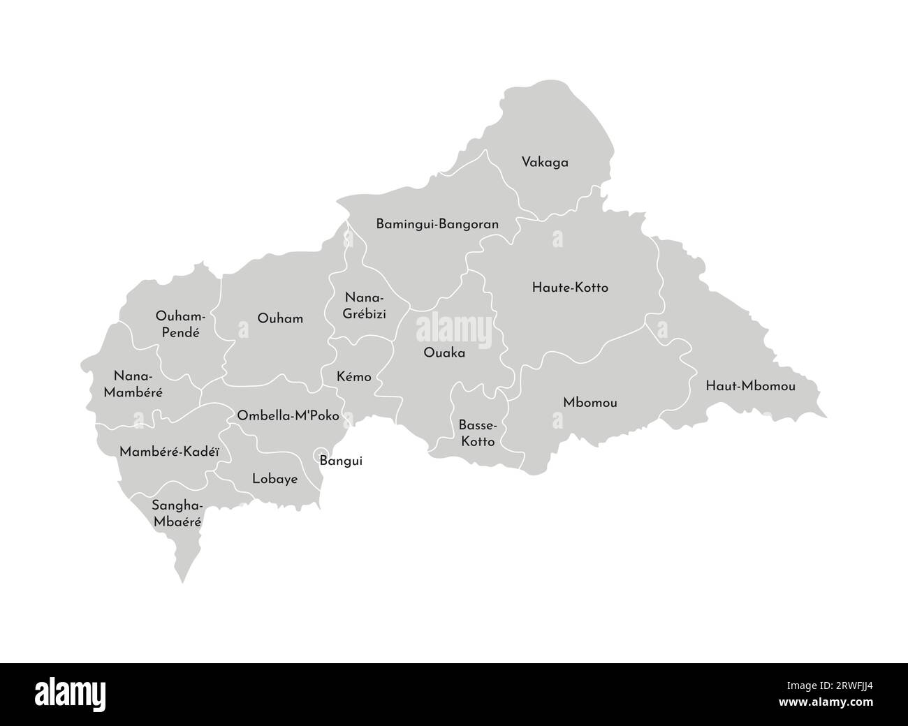 Illustration isolée vectorielle de la carte administrative simplifiée de la République centrafricaine (RCA). Frontières et noms des provinces (régions). Gris si Illustration de Vecteur