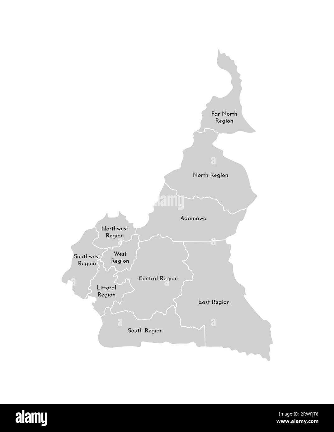 Illustration isolée vectorielle de la carte administrative simplifiée du Cameroun ; frontières et noms des régions. Silhouettes grises. Contour blanc Illustration de Vecteur