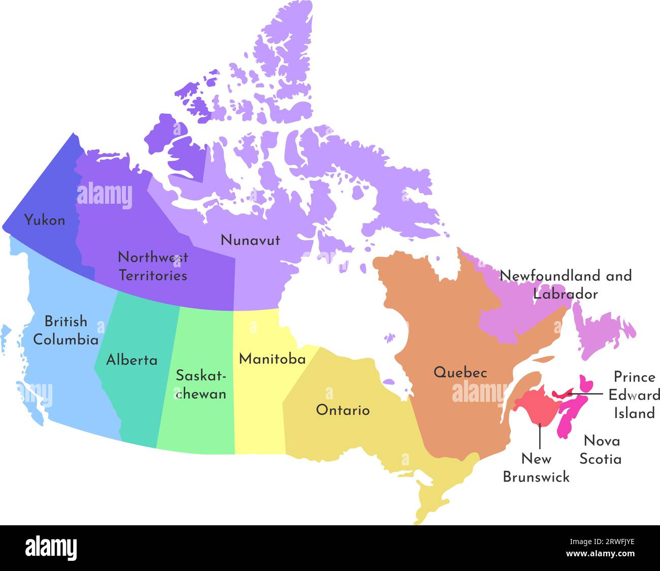 Illustration isolée vectorielle de la carte administrative simplifiée du Canada. Frontières et noms des régions. Silhouettes multicolores. Illustration de Vecteur