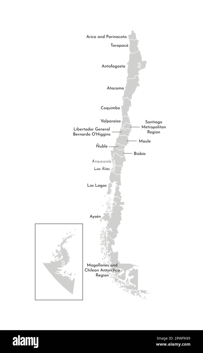 Illustration isolée vectorielle de la carte administrative simplifiée du Chili. Frontières et noms des régions. Silhouettes grises. Contour blanc Illustration de Vecteur
