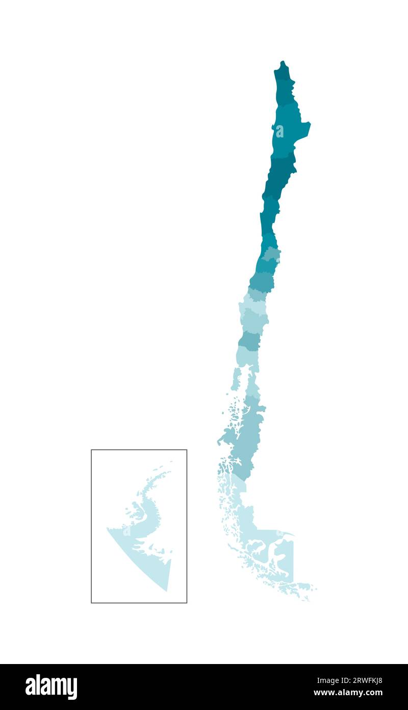 Illustration isolée vectorielle de la carte administrative simplifiée du Chili. Frontières des régions. Silhouettes kaki bleues colorées. Illustration de Vecteur
