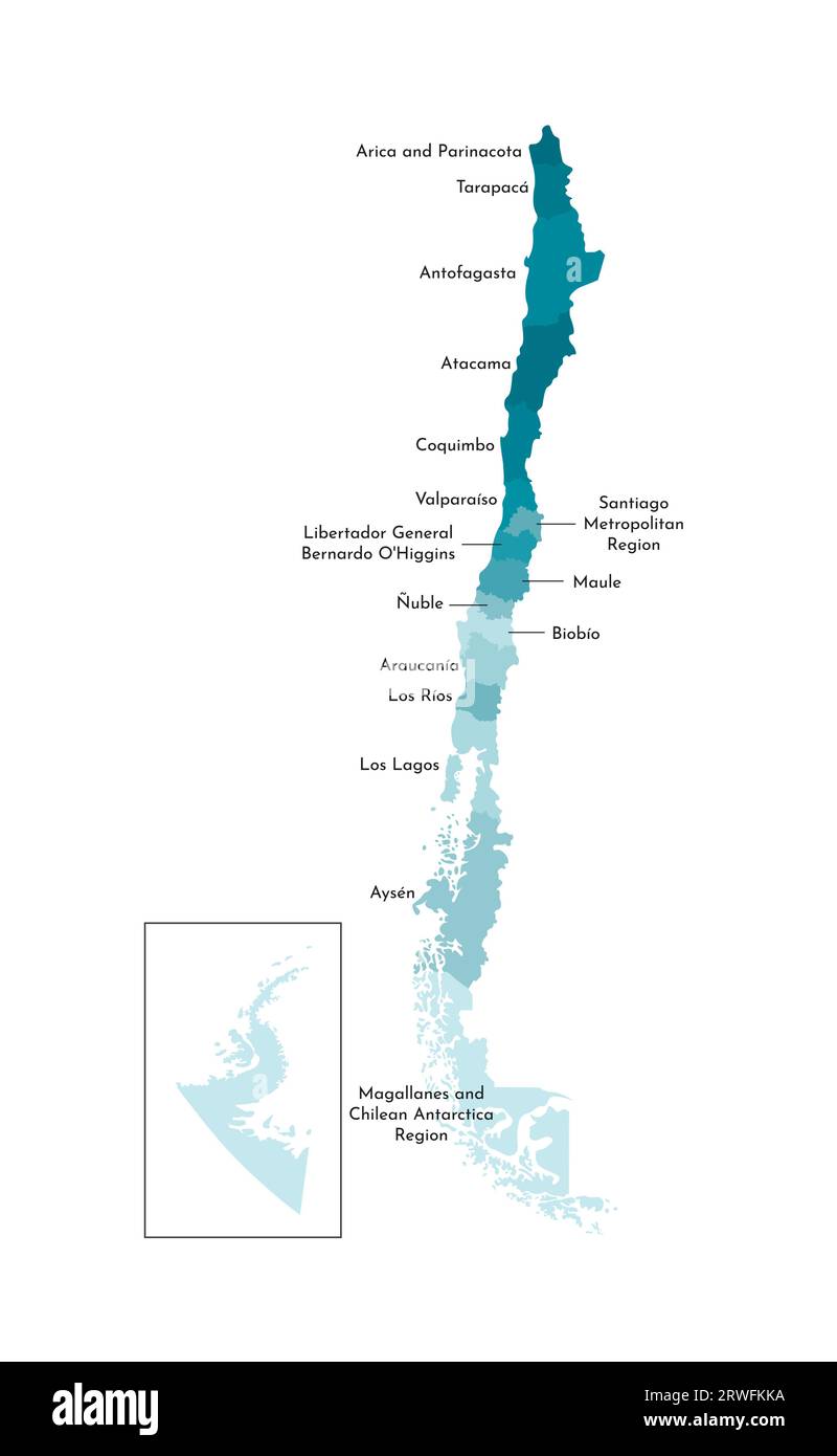 Illustration isolée vectorielle de la carte administrative simplifiée du Chili. Frontières et noms des régions. Silhouettes kaki bleues colorées Illustration de Vecteur