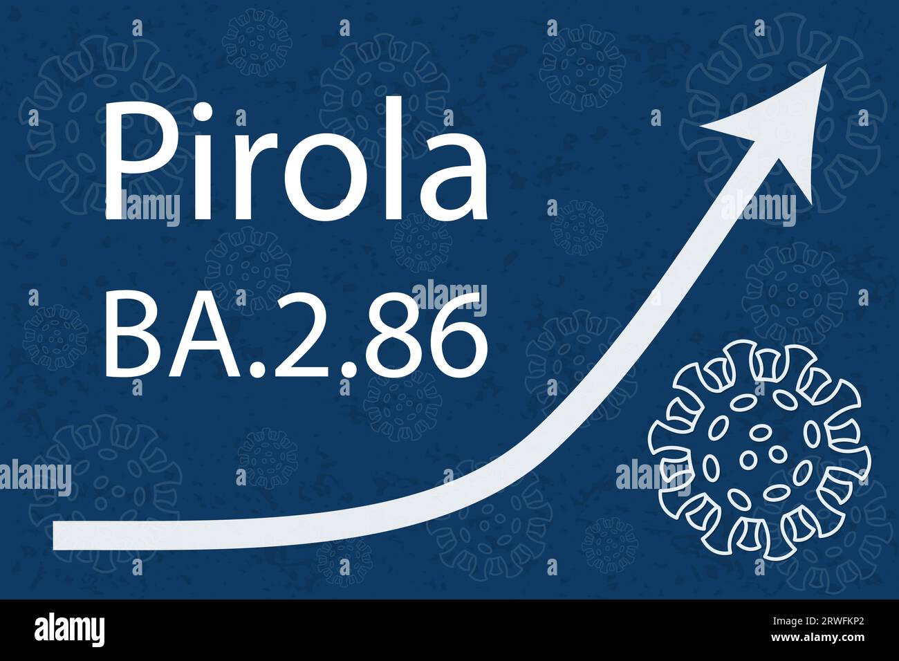Une nouvelle variante Omicron Pirola (BA.2,86). La flèche montre une augmentation spectaculaire de la maladie. Texte blanc sur fond bleu foncé avec des images de coronavirus. Illustration de Vecteur