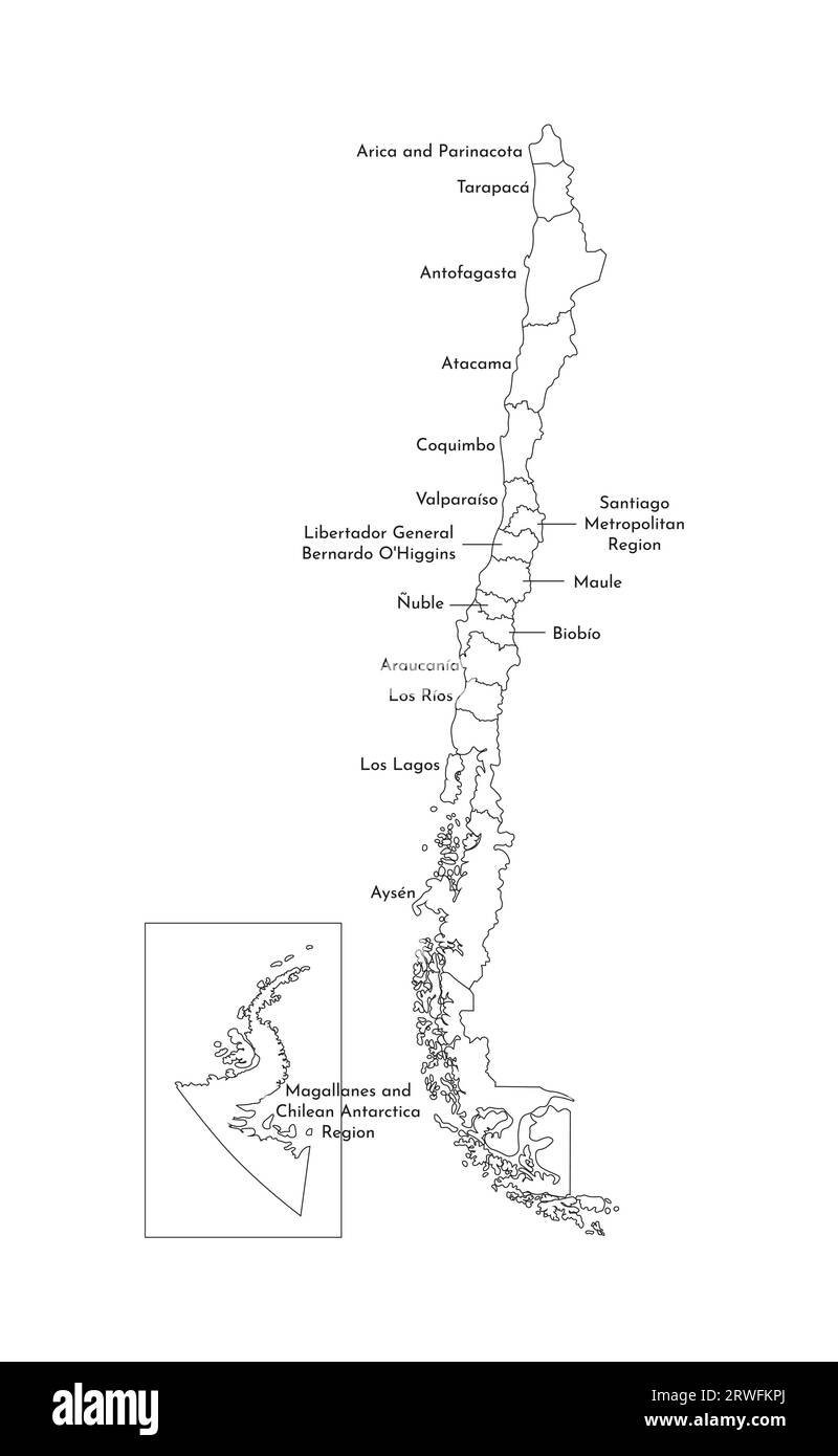 Illustration isolée vectorielle de la carte administrative simplifiée du Chili. Frontières et noms des régions. Silhouettes de lignes noires. Illustration de Vecteur