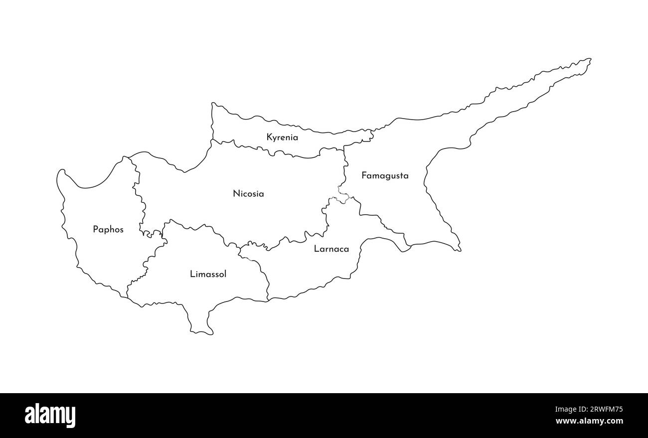 Illustration isolée vectorielle de la carte administrative simplifiée de Chypre. Frontières et noms des districts (régions). Silhouettes de lignes noires. Illustration de Vecteur