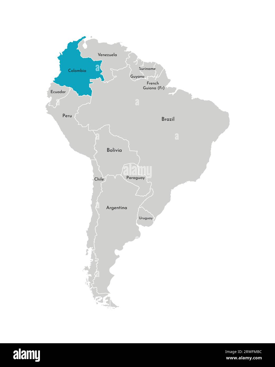 Illustration vectorielle avec carte simplifiée du continent d'Amérique du Sud avec contour bleu de la Colombie. Silhouettes grises, contour blanc de la frontière des États. Illustration de Vecteur