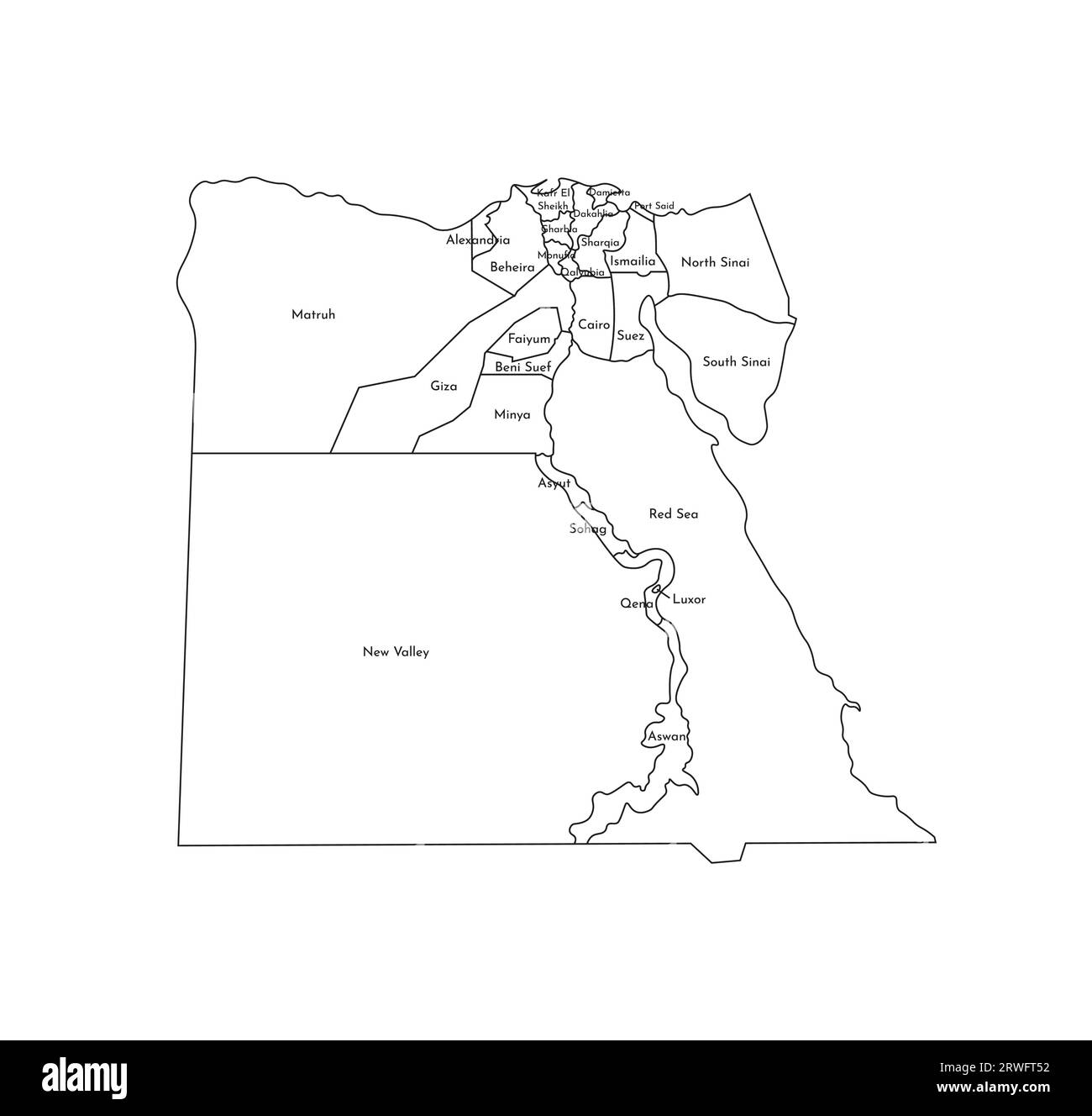 Illustration isolée vectorielle de la carte administrative simplifiée de l'Egypte. Frontières et noms des régions. Silhouettes de lignes noires. Illustration de Vecteur
