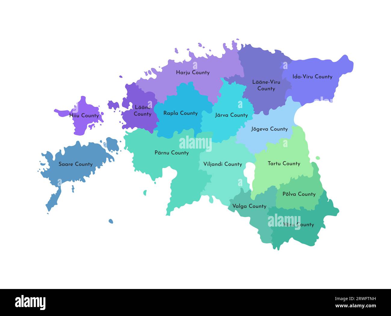 Illustration isolée vectorielle de la carte administrative simplifiée de l'Estonie. Frontières et noms des régions. Silhouettes multicolores. Illustration de Vecteur