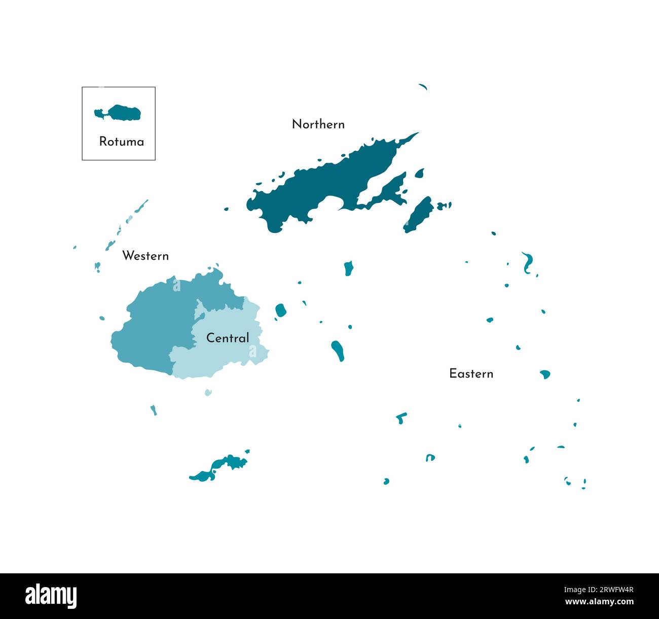 Illustration vectorielle isolée de la carte administrative simplifiée des frontières de Fidji et des noms des divisions (régions). Silhouettes kaki bleues colorées. Illustration de Vecteur