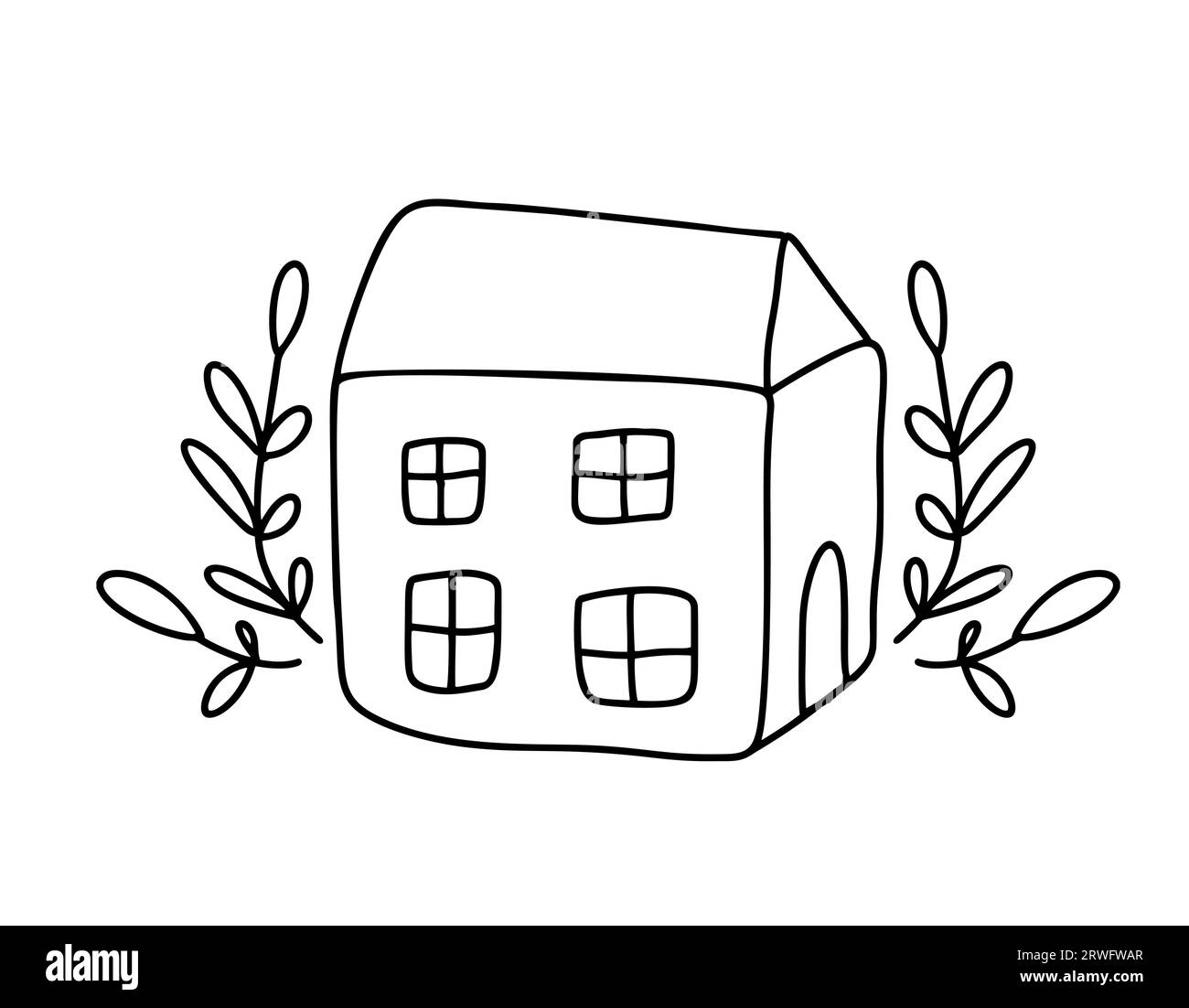 ECO House avec des fleurs. Simple Calligraphie nature vecteur bio icône. Estate Architecture Construction pour la conception. Art Home vintage Hand Drawn logo vert Illustration de Vecteur