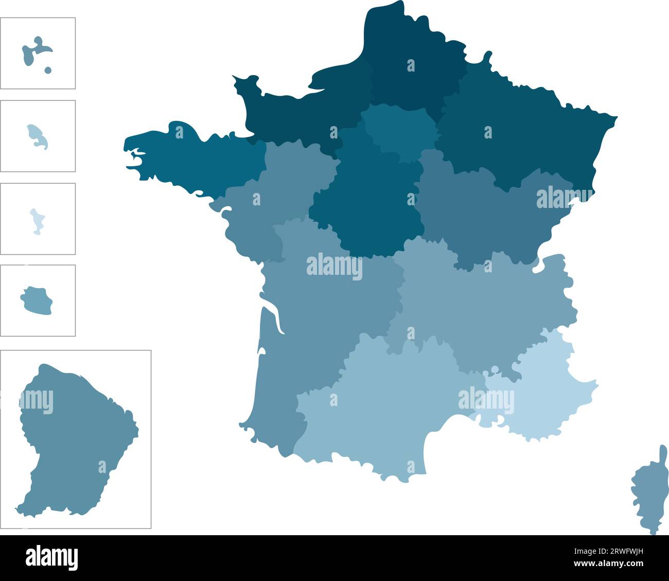 Illustration isolée vectorielle de la carte administrative simplifiée de France. Frontières des régions. Silhouettes bleues colorées Illustration de Vecteur