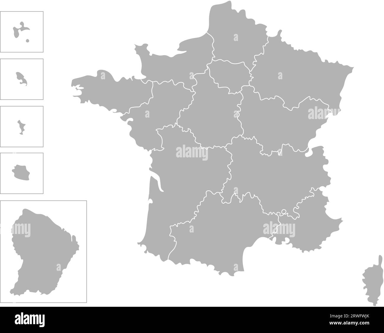 Illustration isolée vectorielle de la carte administrative simplifiée de France. Frontières des régions. Silhouettes grises, contour blanc Illustration de Vecteur