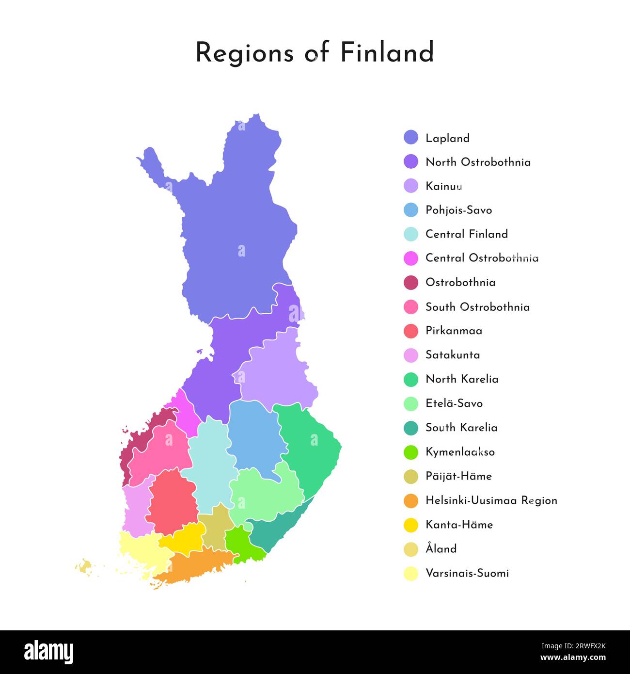 Vecteur coloré isolé carte simplifiée des régions de Finlande. Frontières et noms des divisions administratives. Fond blanc Illustration de Vecteur