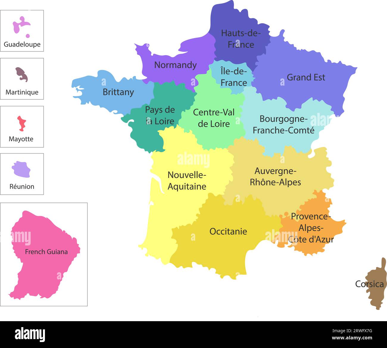 Illustration isolée vectorielle de la carte administrative simplifiée de France. Frontières et noms des régions. Silhouettes colorées Illustration de Vecteur