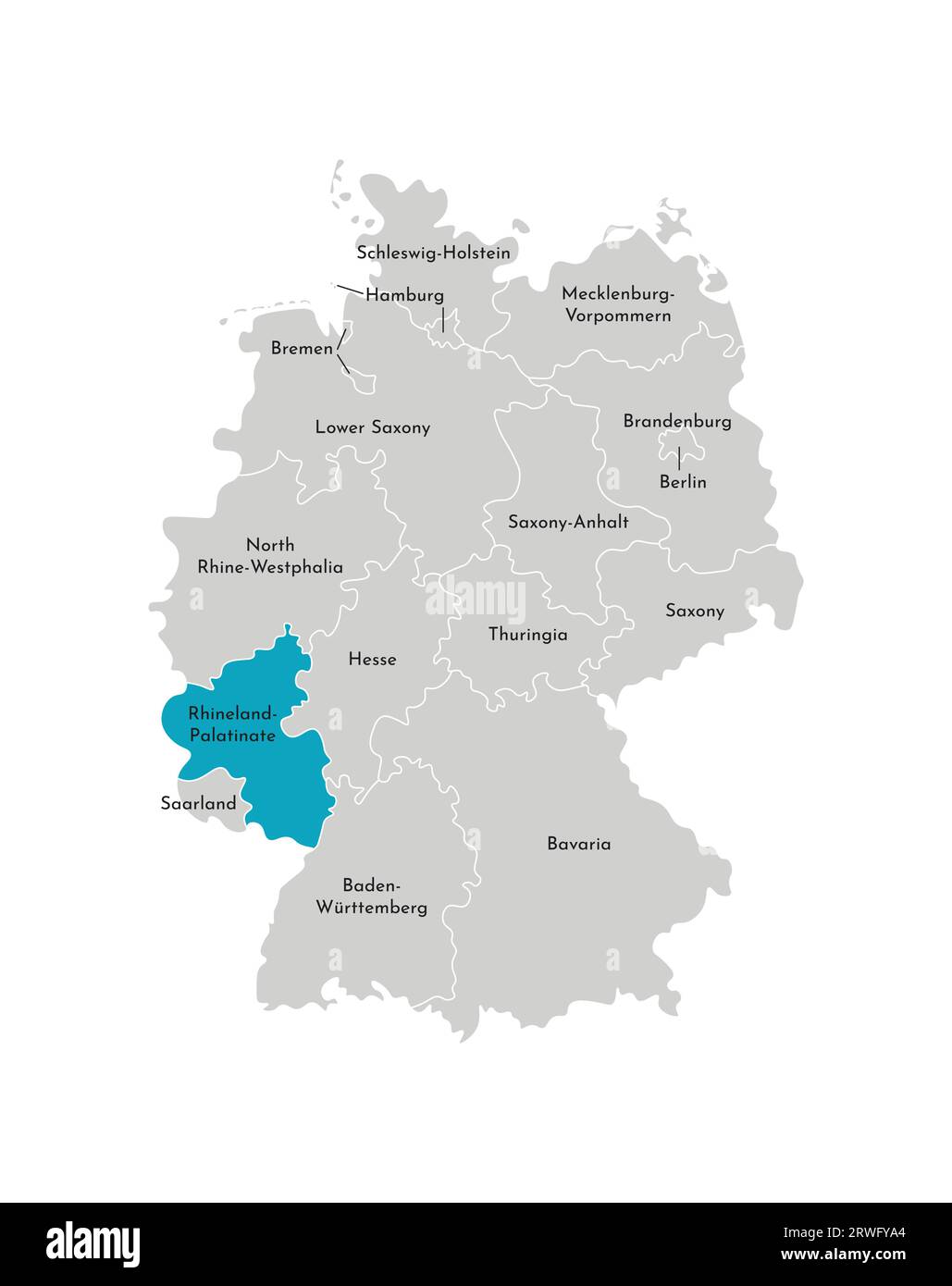 Illustration isolée vectorielle de la carte administrative simplifiée de l'Allemagne. Silhouette bleue de Rhénanie-Palatinat (état). Silhouettes grises. Blanc éteint Illustration de Vecteur