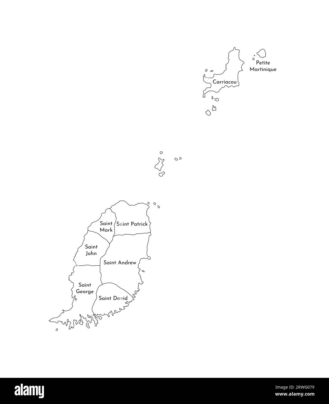 Illustration isolée vectorielle de la carte administrative simplifiée de Grenade. Frontières et noms des paroisses (régions) et des îles ayant le statut de depen Illustration de Vecteur