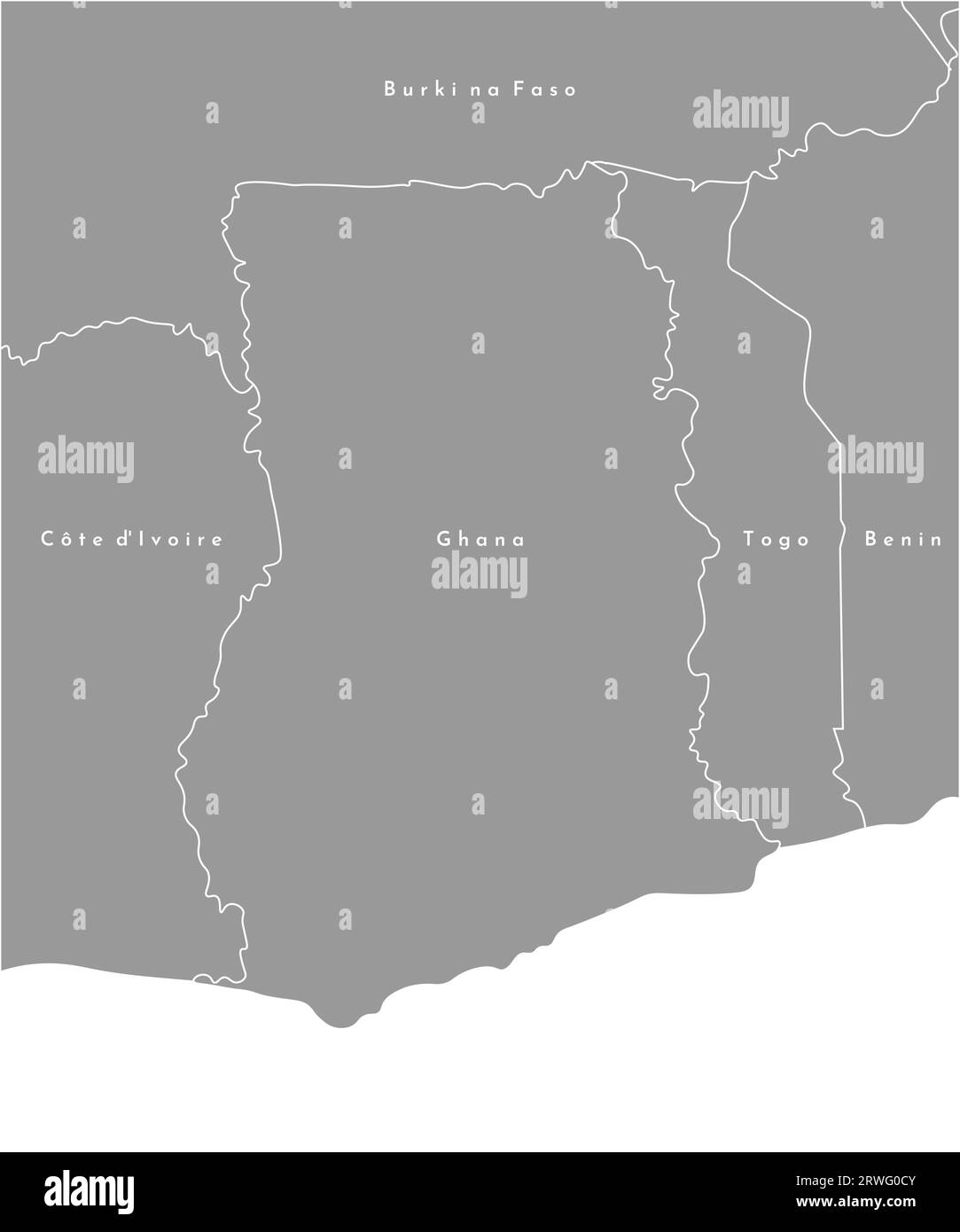 Illustration vectorielle en couleur grise. Carte politique simplifiée avec Ghana au centre et frontière avec les pays voisins (Côte d'Ivore, Togo, Bénin, Illustration de Vecteur