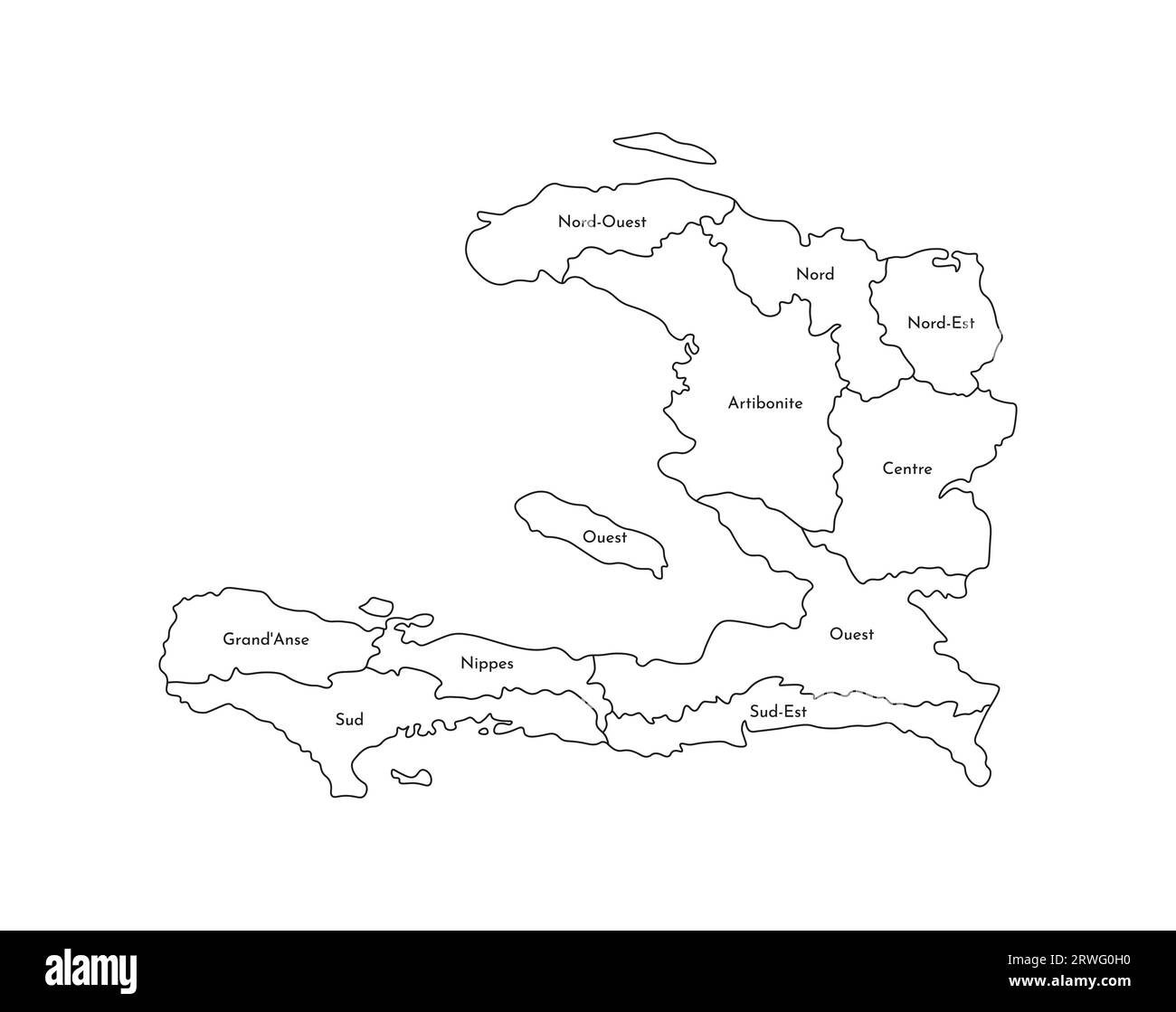 Illustration isolée vectorielle de carte administrative simplifiée d'Haïti. Frontières et noms des départements (régions). Silhouettes de lignes noires. Illustration de Vecteur