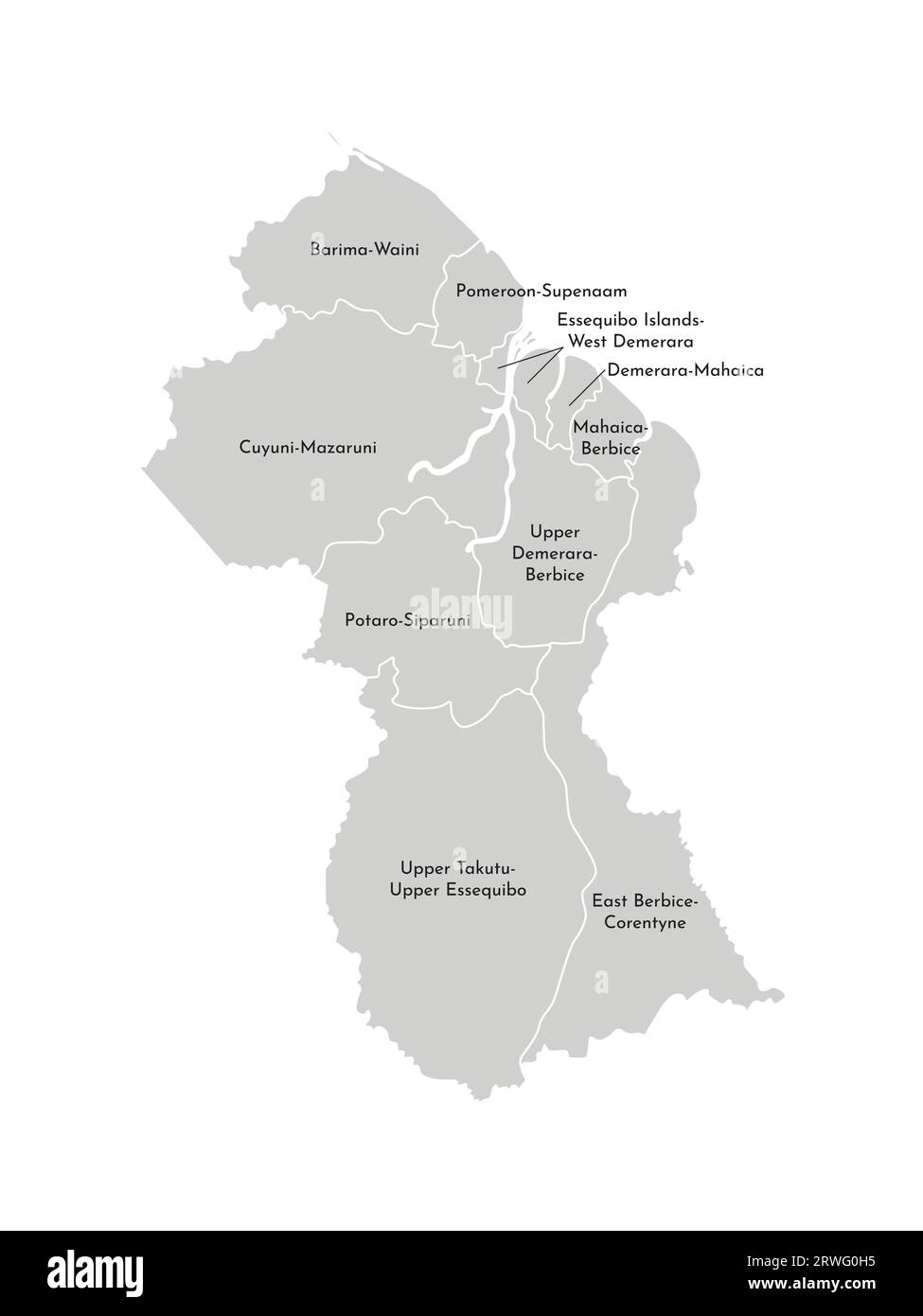 Illustration isolée vectorielle de la carte administrative simplifiée de la Guyane. Frontières et noms des régions. Silhouettes grises. Contour blanc Illustration de Vecteur