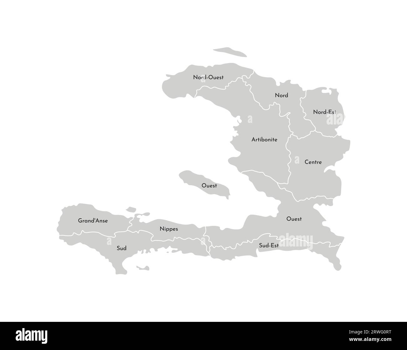 Illustration isolée vectorielle de carte administrative simplifiée d'Haïti. Frontières et noms des départements (régions). Silhouettes grises. Outlin blanc Illustration de Vecteur