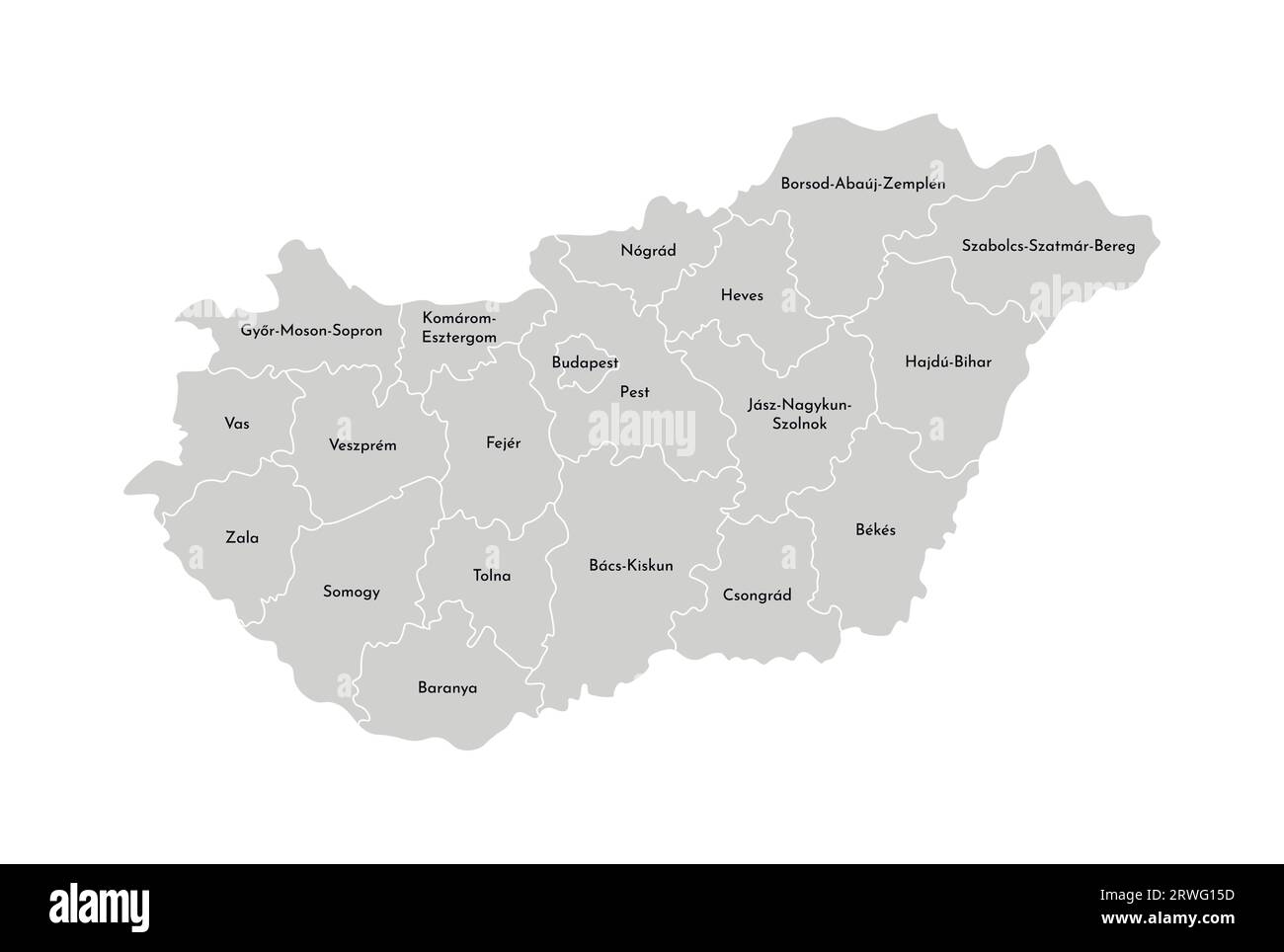 Illustration isolée vectorielle de la carte administrative simplifiée de la Hongrie. Frontières et noms des provinces (régions). Silhouettes grises. Outlin blanc Illustration de Vecteur