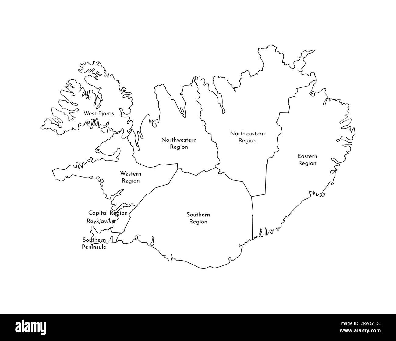 Illustration isolée vectorielle de la carte administrative simplifiée de l'Islande. Frontières et noms des régions. Silhouettes de lignes noires. Illustration de Vecteur