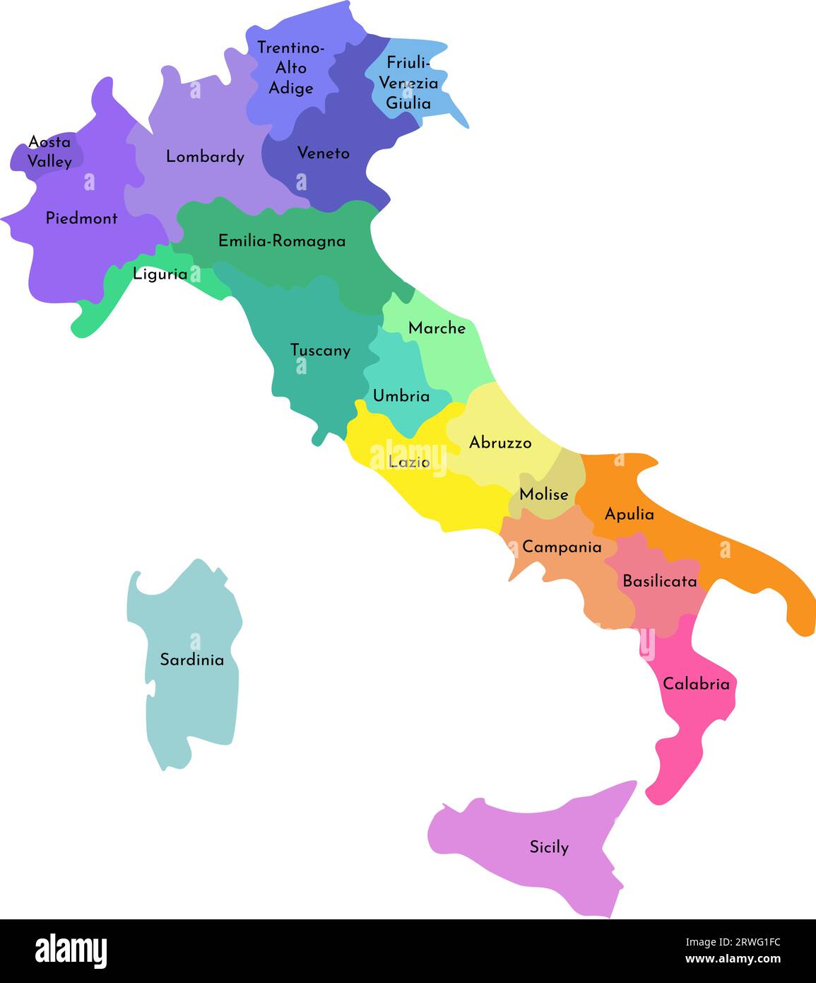 Illustration isolée vectorielle de la carte administrative simplifiée de l'Italie. Frontières et noms des régions. Silhouettes multicolores. Illustration de Vecteur