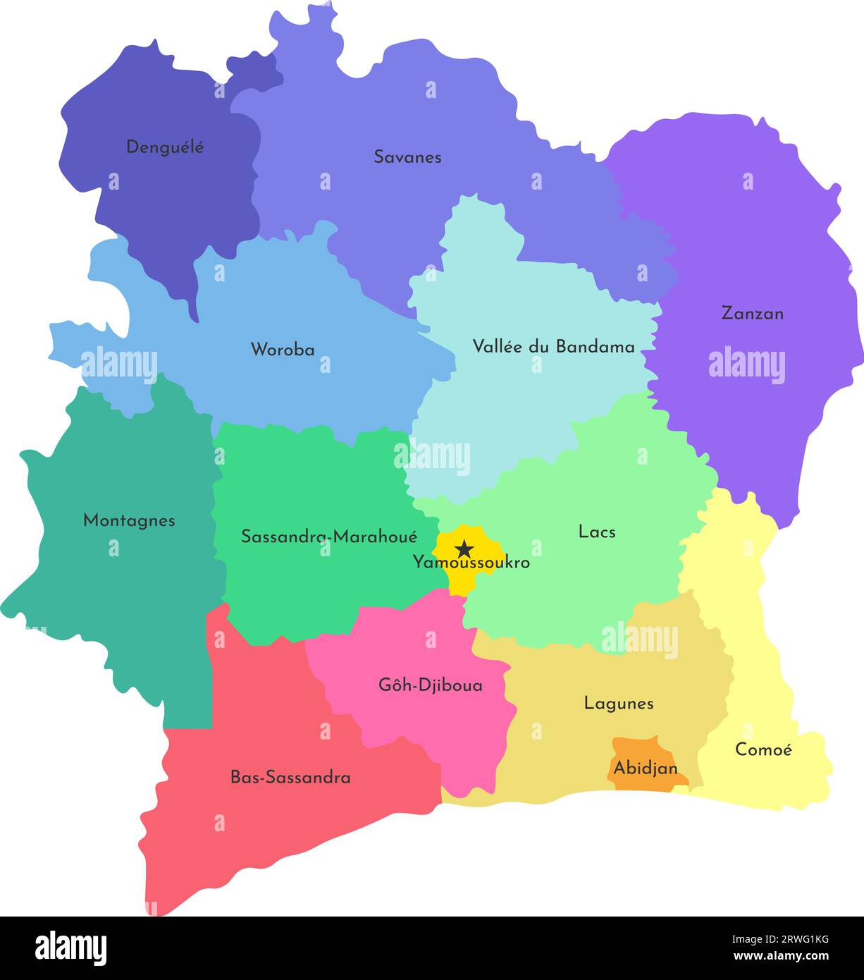 Illustration vectorielle isolée de la carte administrative simplifiée Côte d'Ivoire (Côte d'Ivoire). Frontières et noms des comtés. Silhouettes colorées Illustration de Vecteur