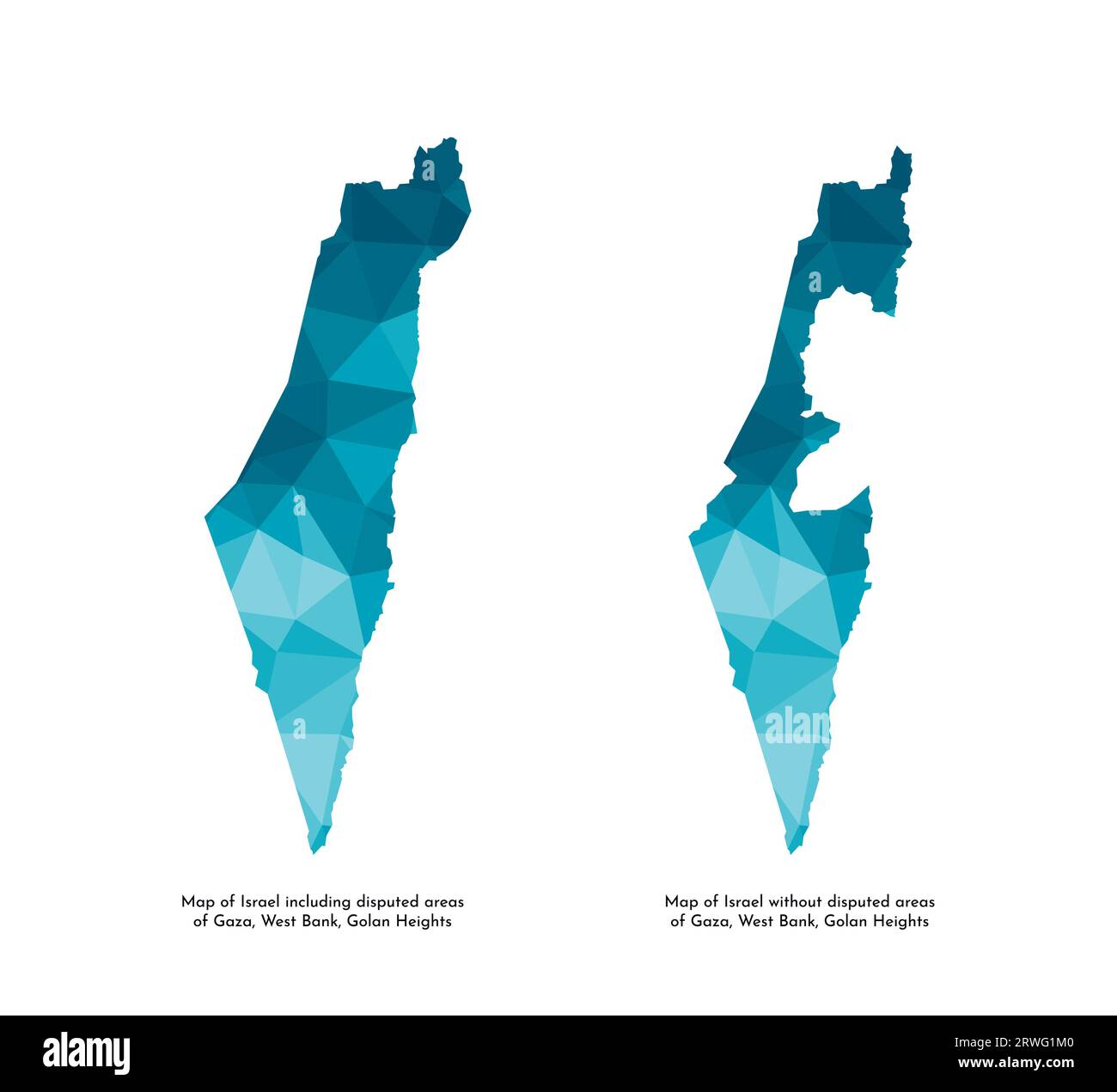 Icônes d'illustration isolée vectorielle avec silhouettes bleues simplifiées de la carte d'Israël (y compris et sans zone contestée de Gaza, Cisjordanie, hauteur du Golan Illustration de Vecteur