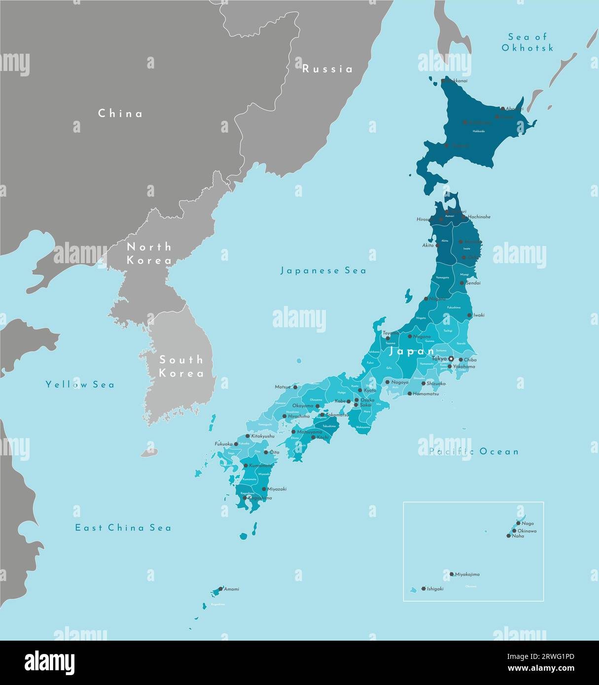 Vector illustration moderne. Carte géographique simplifiée du Japon et des pays les plus proches. Fond bleu des mers et de l'océan Pacifique. Noms de japonais Illustration de Vecteur