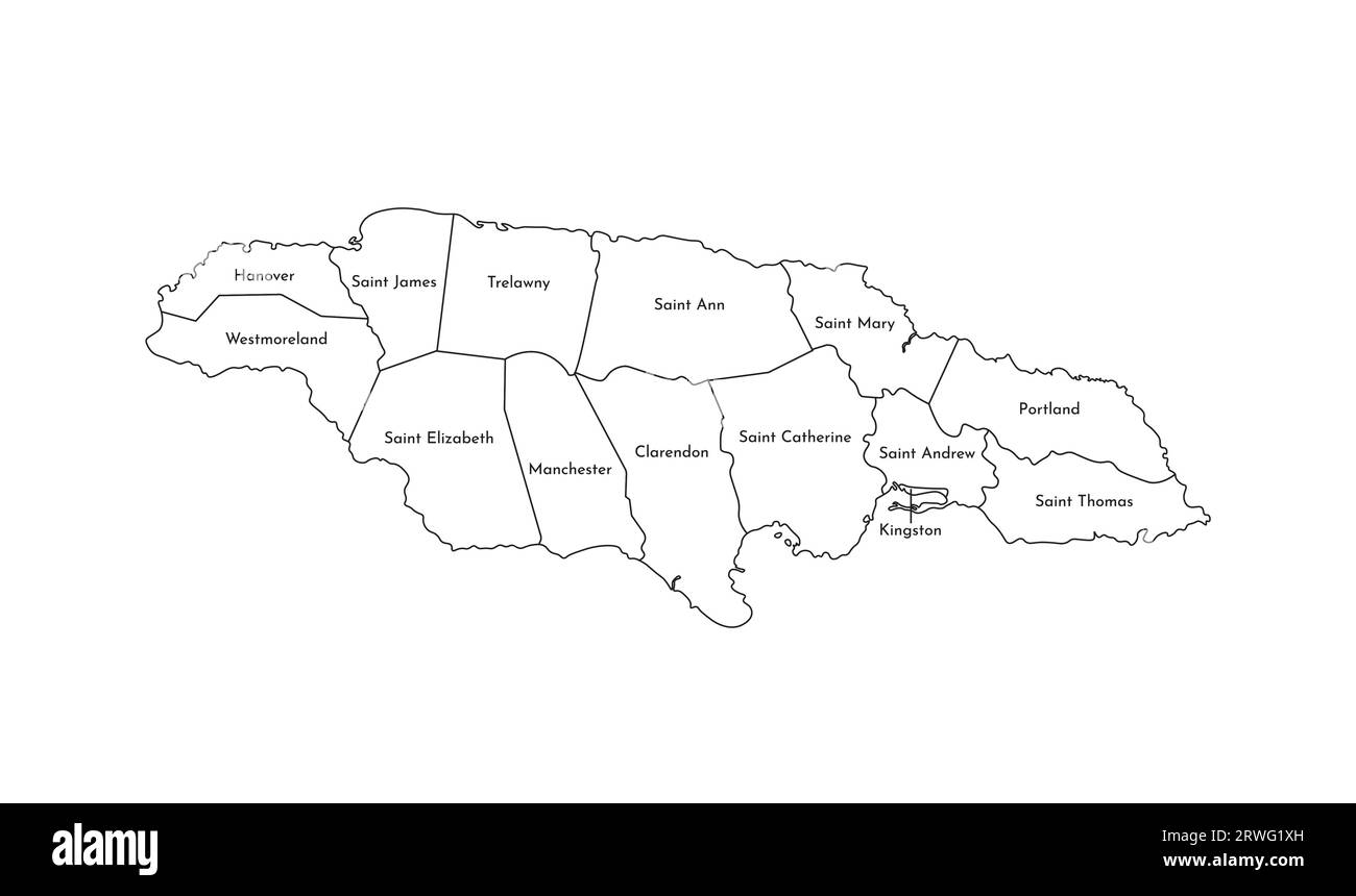 Illustration isolée vectorielle de la carte administrative simplifiée de la Jamaïque. Frontières et noms des paroisses (régions). Silhouettes de lignes noires. Illustration de Vecteur