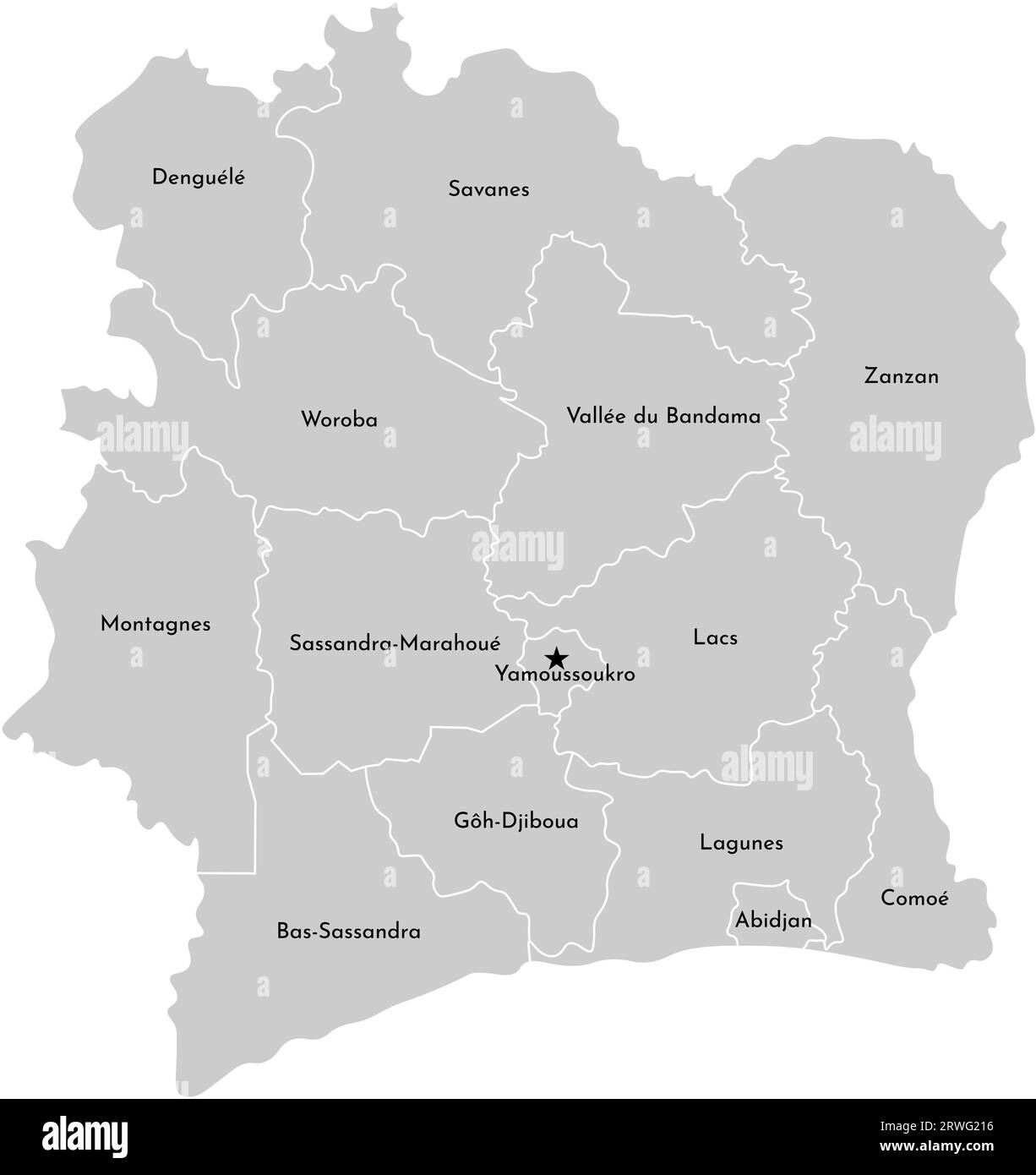 Illustration vectorielle isolée de la carte administrative simplifiée Côte d'Ivoire (Côte d'Ivoire). Frontières et noms des comtés. Silhouettes grises et whi Illustration de Vecteur