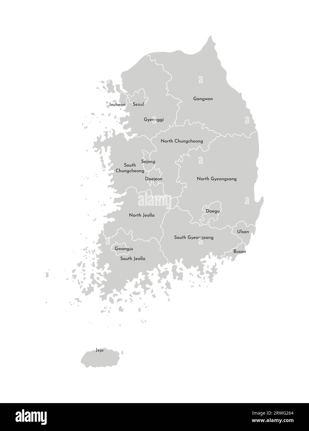Illustration isolée vectorielle de la carte administrative simplifiée de la Corée du Sud (République de Corée). Frontières et noms des provinces (régions). Gris s Illustration de Vecteur