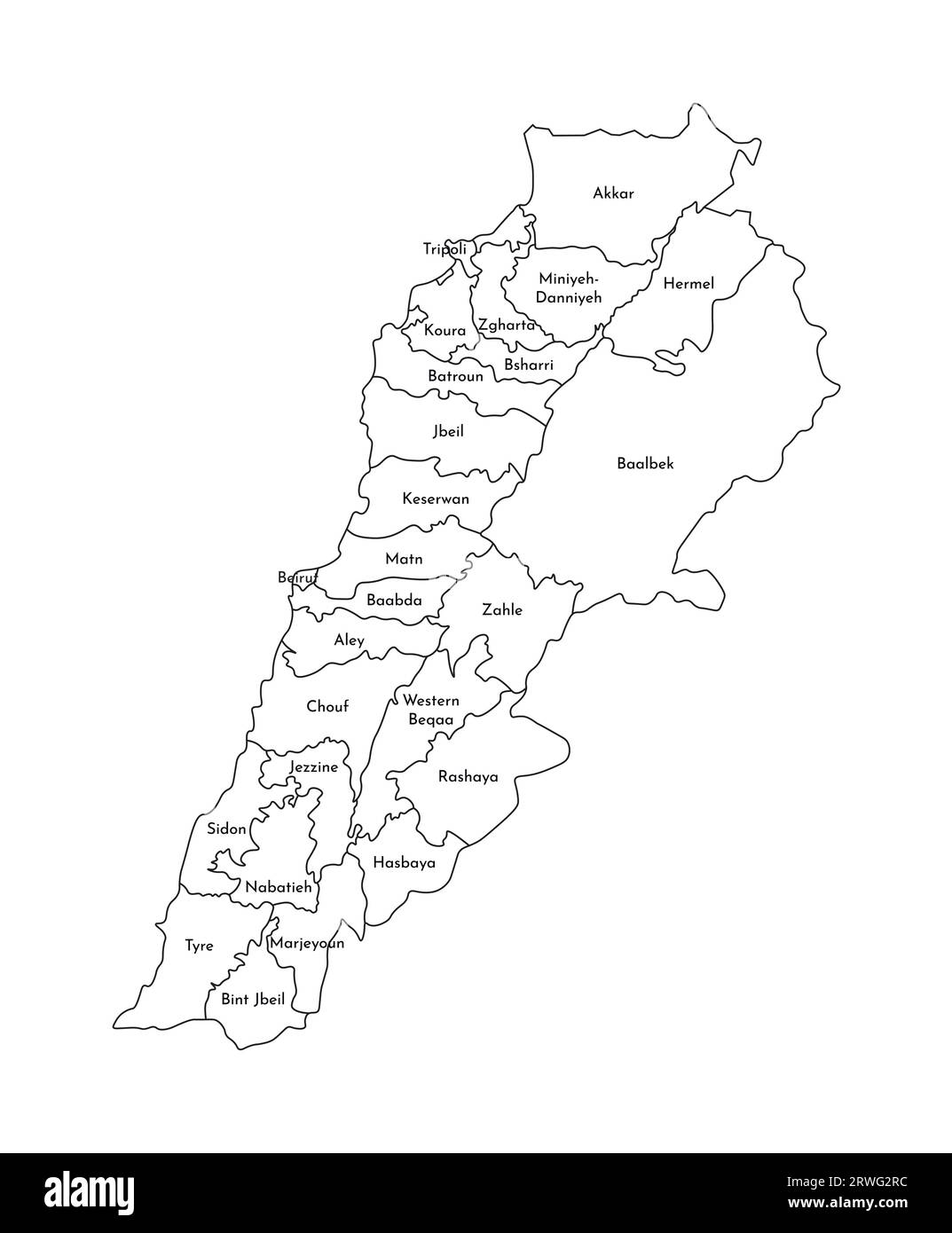 Illustration isolée vectorielle de la carte administrative simplifiée du Liban. Frontières et noms des districts. Silhouettes de lignes noires. Illustration de Vecteur