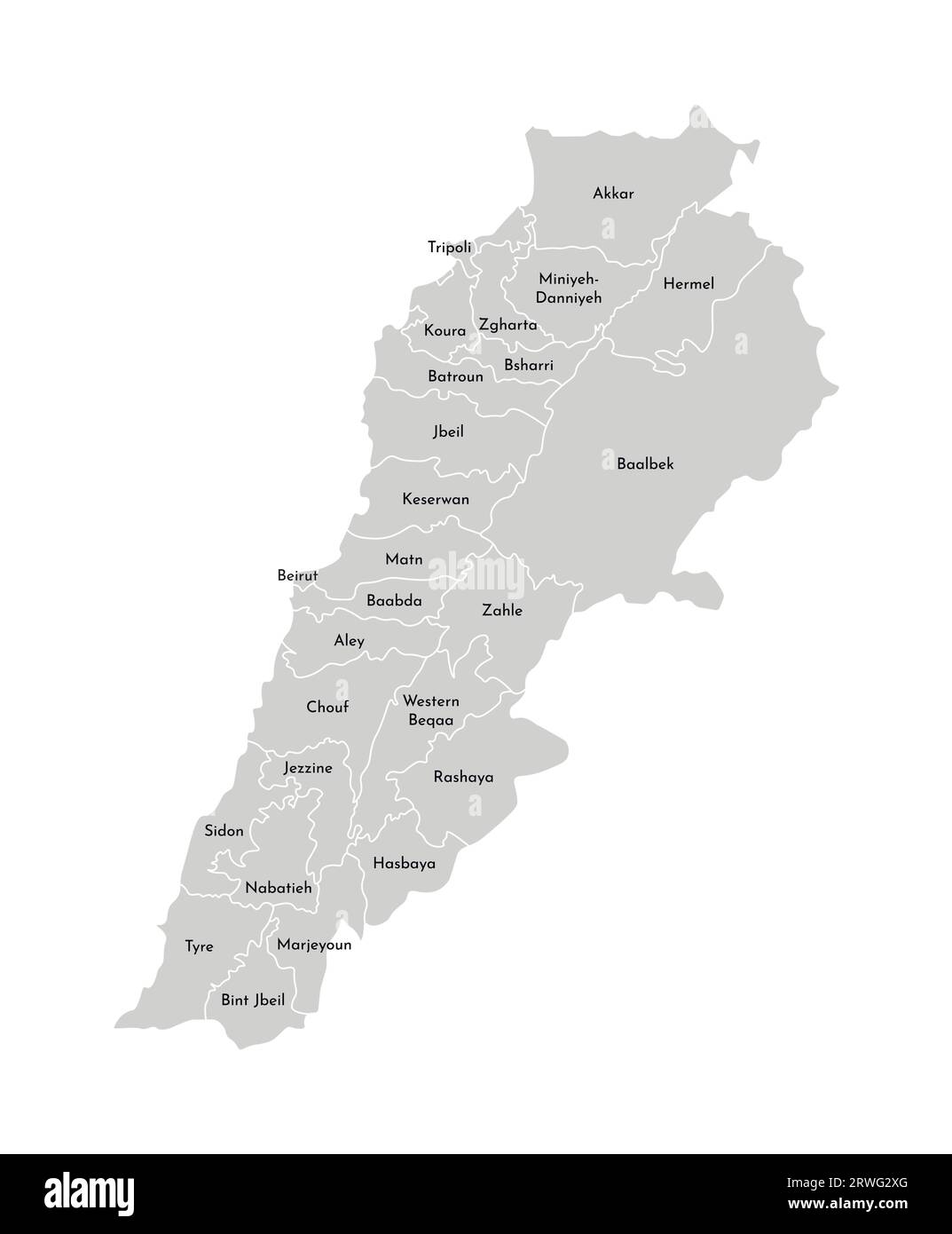 Illustration isolée vectorielle de la carte administrative simplifiée du Liban. Frontières et noms des districts. Silhouettes grises. Contour blanc. Illustration de Vecteur