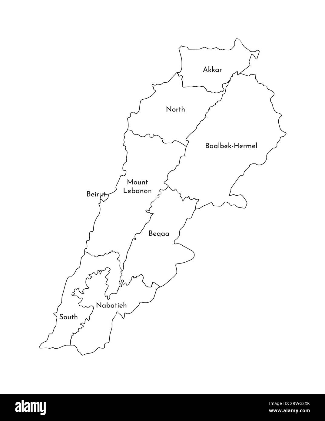 Illustration isolée vectorielle de la carte administrative simplifiée du Liban. Frontières et noms des gouvernorats (régions). Silhouettes de lignes noires. Illustration de Vecteur