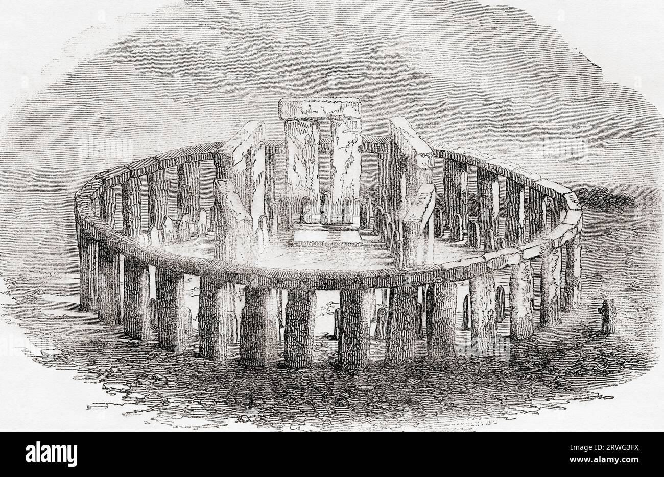 Reconstruction imaginaire de Stonehenge, plaine de Salisbury, Angleterre. Extrait de Cassell's Illustrated History of England, publié en 1857. Banque D'Images