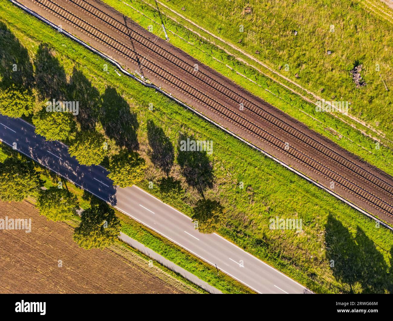 Une route, des arbres et une ligne de chemin de fer directement d'en haut comme une vue aérienne, Allemagne Banque D'Images