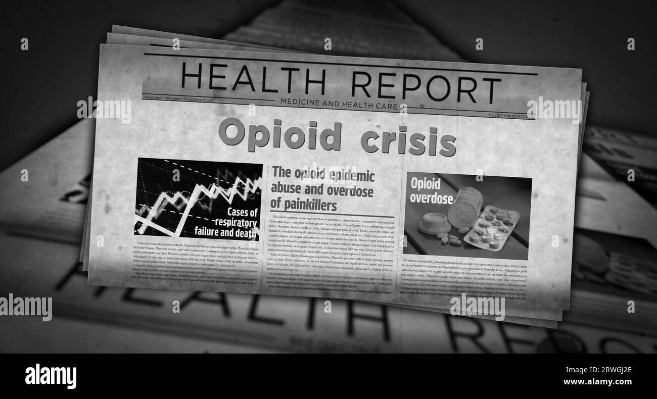 L'abus d'analgésiques de crise d'opioïdes et le problème de surdose problèmes d'actualité et d'impression de journaux. Concept abstrait rétro titres illustration 3D. Banque D'Images