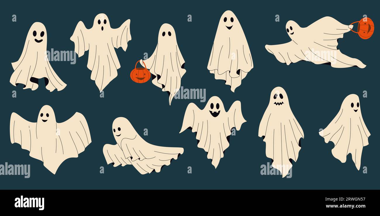 Drôle de fantôme. Mignon monstre effrayant dans des feuilles blanches, visages de monstre effrayant de dessin animé avec des expressions et des émotions. Personnages d'Halloween vectoriels Illustration de Vecteur