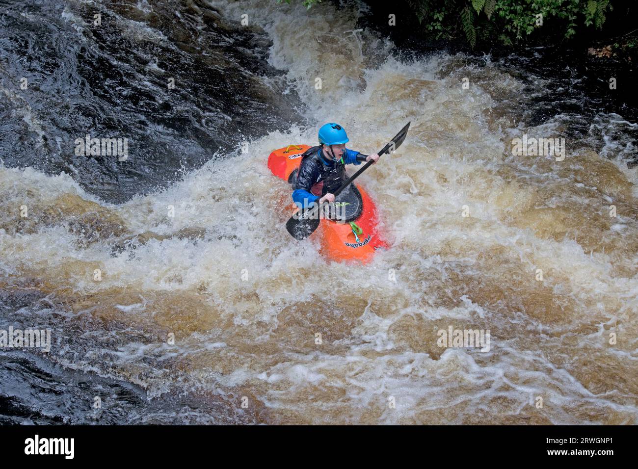 Canoéiste en slalom orange canoë sur les rapides slalom en eau vive canoë en slalom à River Tryweryn au National Whitewater Centre près de Bala North Wales Banque D'Images