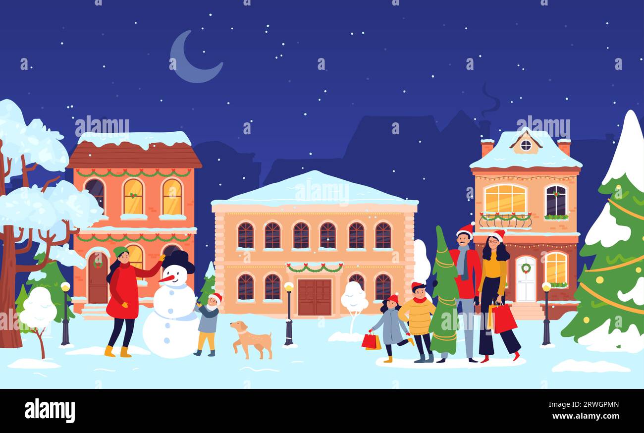 Ville de Noël, vieille rue de la ville avec des gens, vacances d'hiver du nouvel an Illustration de Vecteur